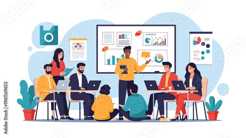 Diverse team of business professionals attending a meeting and listening to a presenter using a whiteboard.