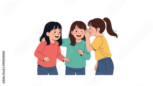 Three young girls standing together and whispering secrets while laughing and sharing a fun moment of friendship.