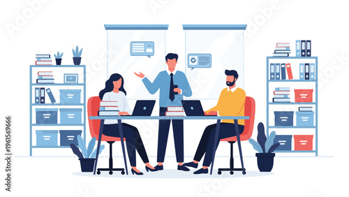 Team of three business professionals collaborating in a modern office with bookshelves and office supplies.