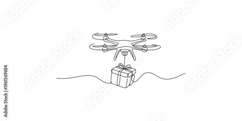 Drone delivering a gift box with a ribbon on a wavy line delivery present one