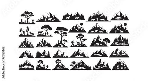 A simple black silhouette vector illustration set of camping icons featuring people animals and outdoor activity symbols in a clean cartoon style