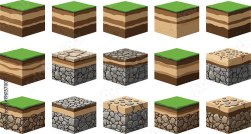 Isometric illustration of fifteen cube-shaped terrain blocks with grass, soil, rock, and sand layers, representing geology artwork, game design environment, and digital landscape concept