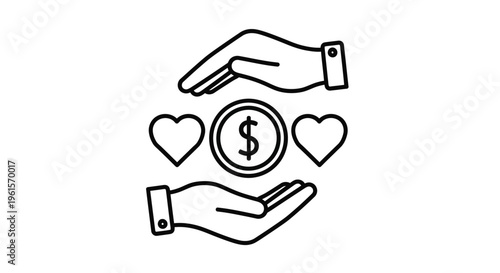 Outline vector graphic illustration showing two hands gently cupping and offering financial charity alongside symbols of love and compassion.