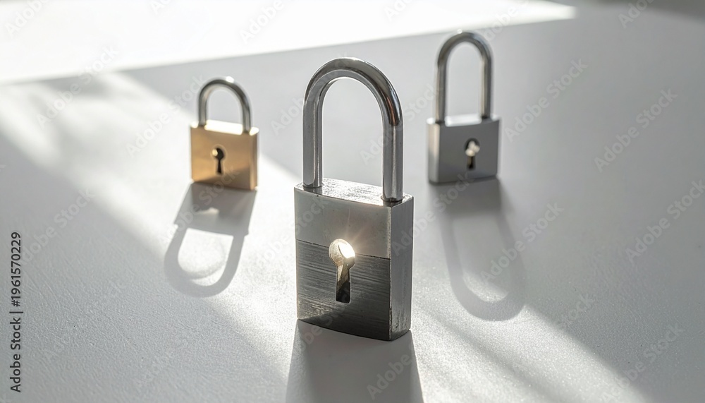 Naklejka premium Three padlocks of varying sizes casting shadows on a white surface, symbolizing security and protection