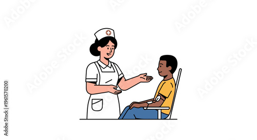 Nurse giving medicine to a boy.