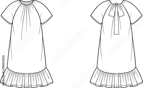 Short sleeve dress with gathered neckline, ruffled hem, bow detail, fashion sketch, technical drawing, garment design illustration