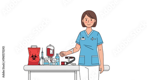 Nurse standing by medical equipment table.