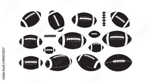 American footballs in various sizes and orientations