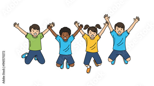 Group of four happy and diverse children jumping together with their arms raised in celebration of friendship and joy.