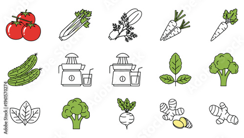 Large set of colorful icons depicting various fresh vegetables and juicing equipment like tomatoes, carrots, broccoli, and blenders.