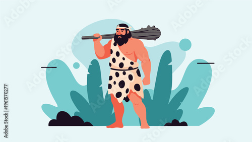 Powerful prehistoric caveman with a thick beard wearing animal skin and holding a heavy wooden club in a tropical landscape.