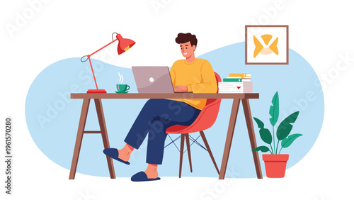 Young man in casual clothes working comfortably on a laptop at a wooden desk in a bright home office environment.