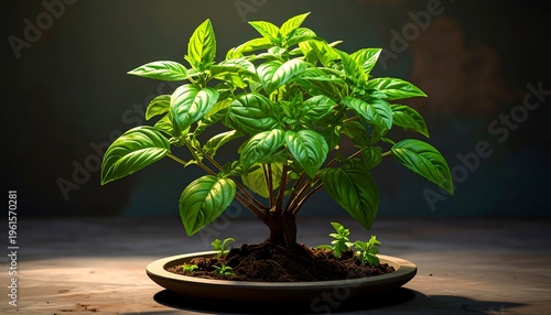 A Lush Green Basil Plant Cultivated as a Bonsai Tree in a Pot.