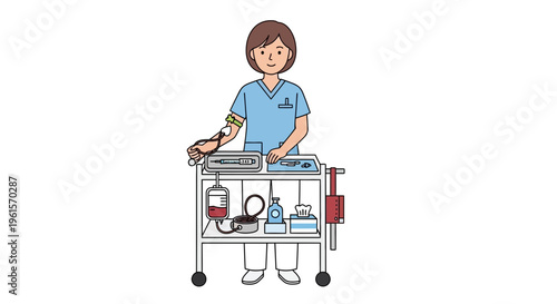 Nurse standing with medical equipment cart.