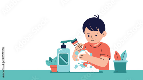 Young boy carefully washing his hands with soap and water from a pump bottle to maintain good hygiene and health.