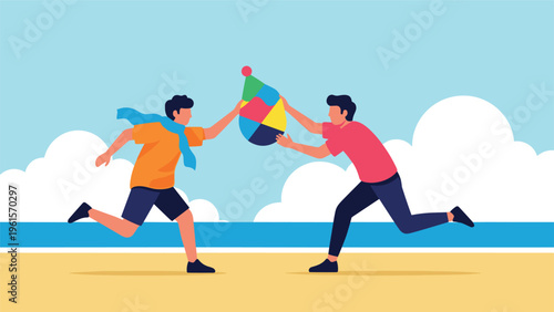 Two young people running and playing with a colorful beach ball on a sandy shore under a bright blue and sunny sky.