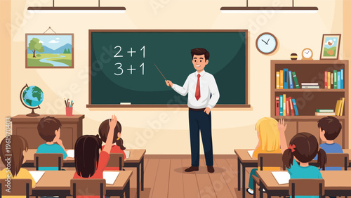Enthustastic male teacher explaining simple addition on a chalkboard to attentive primary school students in a classic classroom setting.