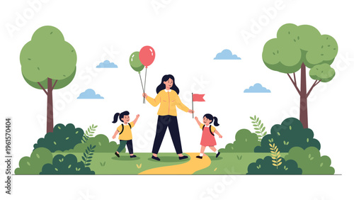 Female teacher leading a group of young school children with backpacks and balloons on an educational nature field trip in a park.