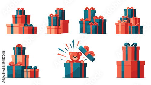 Various sets of beautifully wrapped gift boxes in teal and red colors including a surprise teddy bear popping out of one.