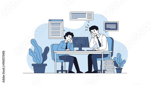 Two stressed male office workers sitting at their desk feeling overwhelmed by a high workload, numerous emails, and tough deadlines.