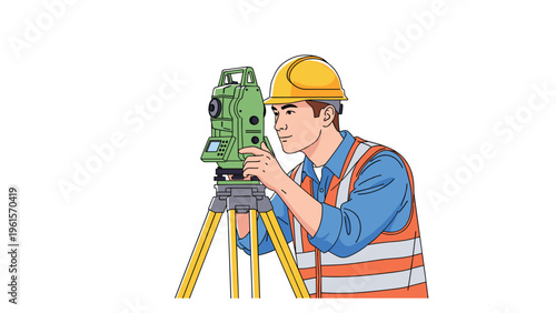 Professional land surveyor in a hard hat and safety vest using a high-precision total station on a tripod for site measurement.