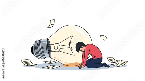 Illustration of a discouraged man kneeling next to a giant fallen lightbulb and scattered papers representing a lack of ideas.