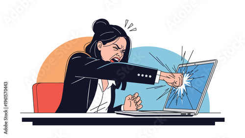 Angry professional businesswoman in a suit expressing extreme frustration and anger by punching her laptop screen until it breaks.