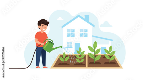 Young boy in a red t-shirt happily watering small plants in a garden bed with a green watering can in front of a house.