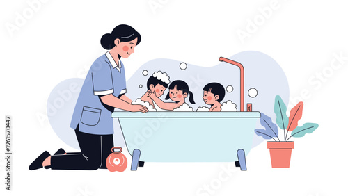 Caring nurse or nanny helping three young children bathe and play with bubbles in a large white bathtub in a bright bathroom.