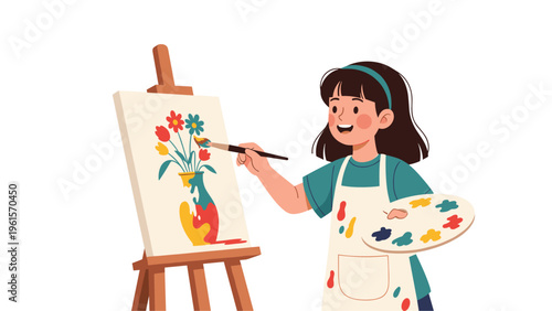 Happy young girl wearing an apron painting a colorful floral masterpiece on a canvas using a palette and easel.