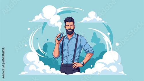 Confident stylish man with a beard and suspenders exhaling a large cloud of vapor while using an electronic cigarette device.