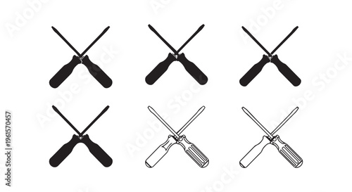 A group of six different types of screwdrivers are displayed in two rows