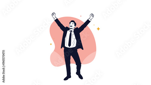 Joyful businessman in a dark suit raising his arms in triumph and celebration against a colorful abstract background.