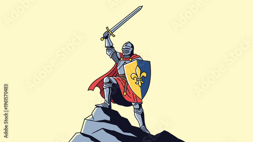 Noble medieval knight in full shining armor holding a sword and shield while standing victoriously on top of a rocky mountain peak.