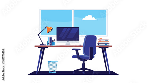 Empty modern home office workspace featuring a wooden desk, computer, blue ergonomic chair, and a large window with a view of the sky.