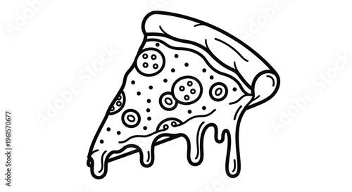 A delicious vector graphic illustration depicting a single slice of pepperoni pizza with rich melting cheese and various small toppings, perfect for a fun food design.