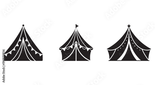 Black and white circus tent silhouettes with flags and pennants  various festival and event structures