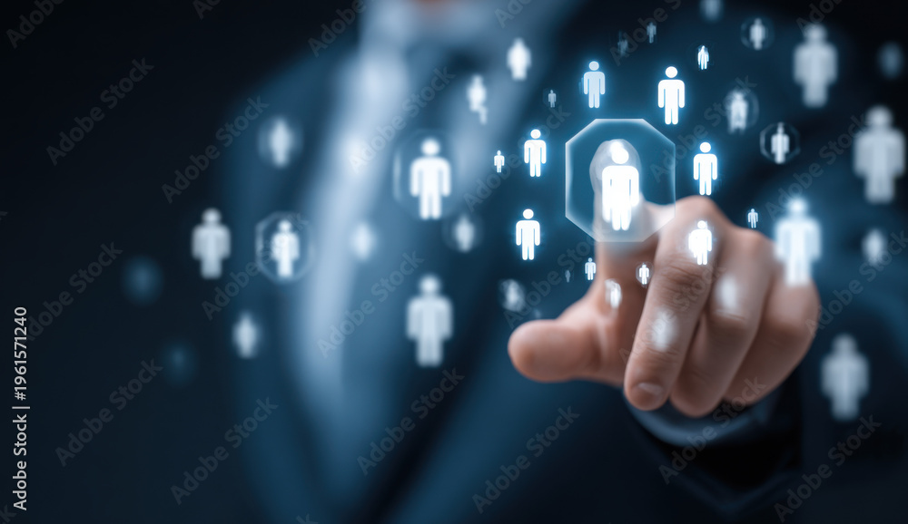 Fototapeta premium search, seek, hr, find, background, talent, management, resource, choose, executive. touching human resource management network HUD for select seeking talent of people for put the right job.