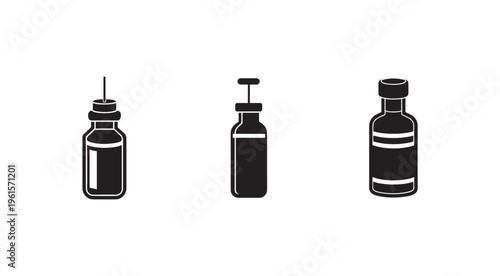 Black and white illustration of three medical vials with different caps and stoppers used for medication and vaccine storage and injection