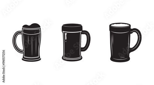 Black and white illustrations of beer mugs with different foam levels isolated on white background