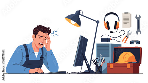 Frustrated technician or IT professional feeling stressed while working at a computer desk surrounded by repair tools.