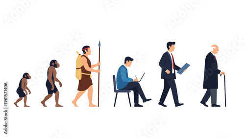 Conceptual illustration showing the human evolution stages from early primates to a modern businessman and an elderly man.