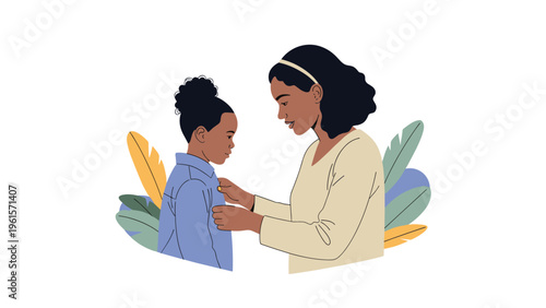 Mother helping her young daughter get dressed by tenderly adjusting the collar of her denim shirt in a loving family moment.