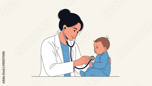 Caring female pediatrician in a white lab coat using a stethoscope to examine a baby during a routine medical checkup.