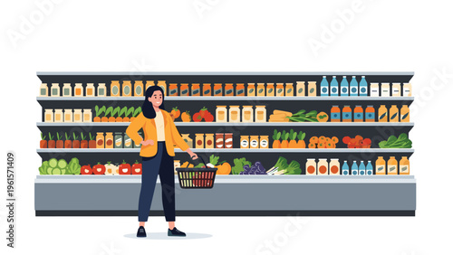 Happy woman shopping for fresh groceries in a long supermarket aisle filled with various colorful food products and vegetables.