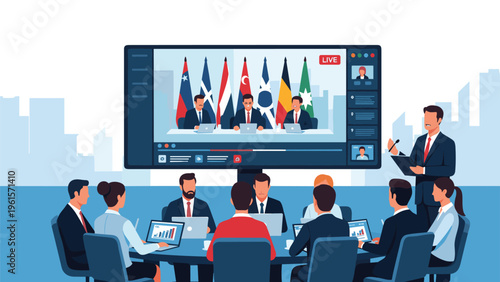 Corporate team participating in a live international video conference showing diverse world leaders on a large presentation screen.