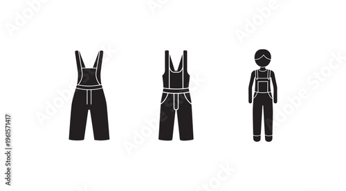 Black and white illustrations of overalls and worker  front and back view  with safety goggles