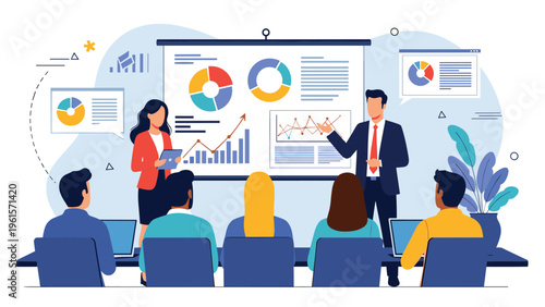 Business professional team attending a data-driven workshop with large colorful charts and graphs on a presentation board.