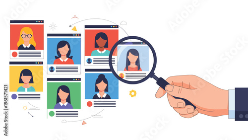 Magnifying glass hovering over diverse profile photos of women to represent the recruitment and talent search process.