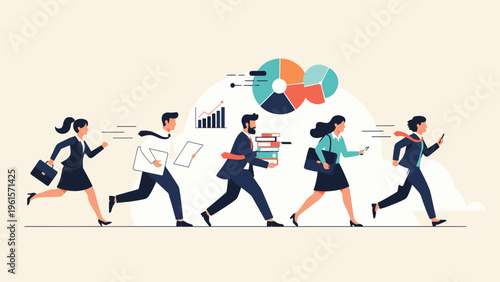 Diverse group of business professionals running quickly in one direction with documents and folders to represent a busy work rush.